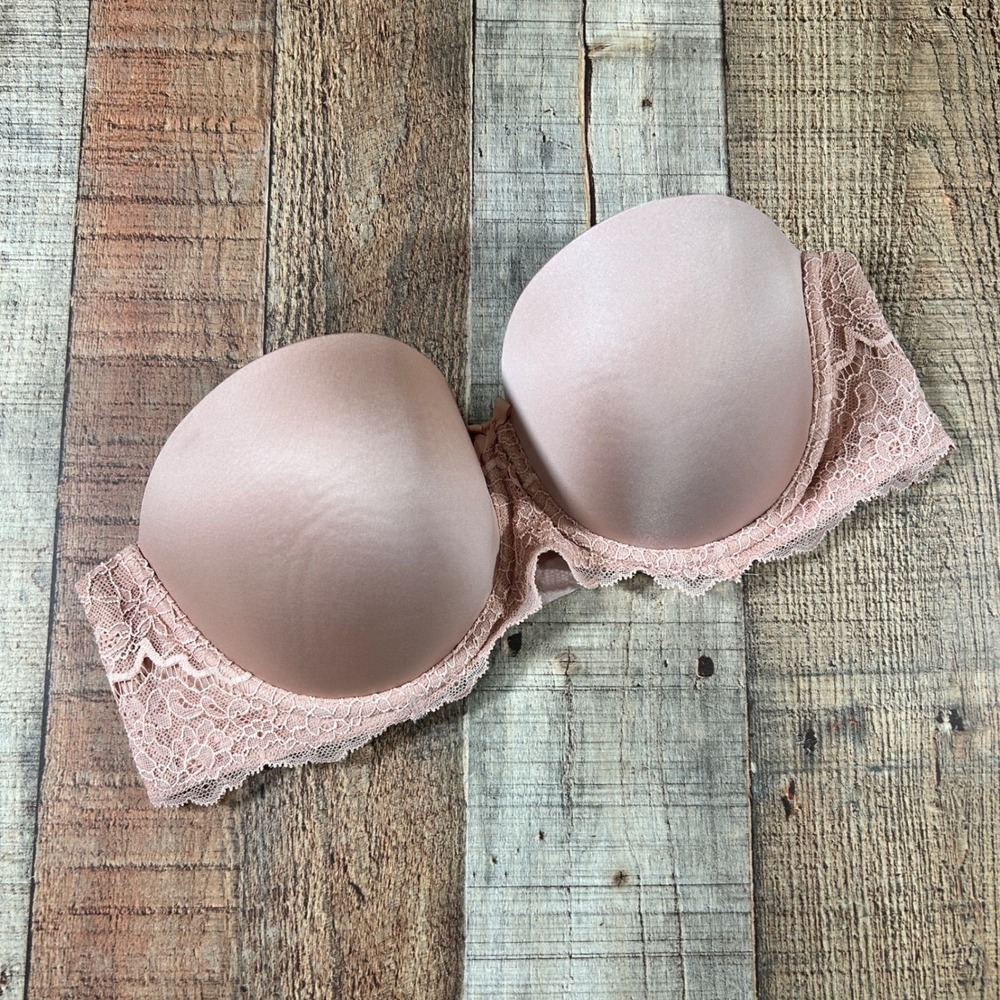 Victoria's Secret Pink Nude Lace Trim Strapless Multi-Way Padded Bra 34D Floral